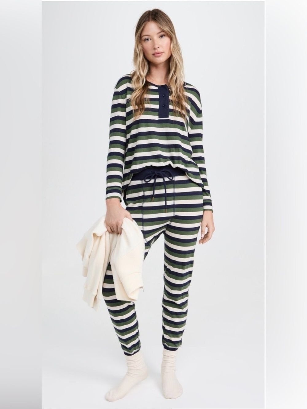 NWT THE GREAT Navy, White, Green Striped Henley Top Long John Pajama Set. Size 1